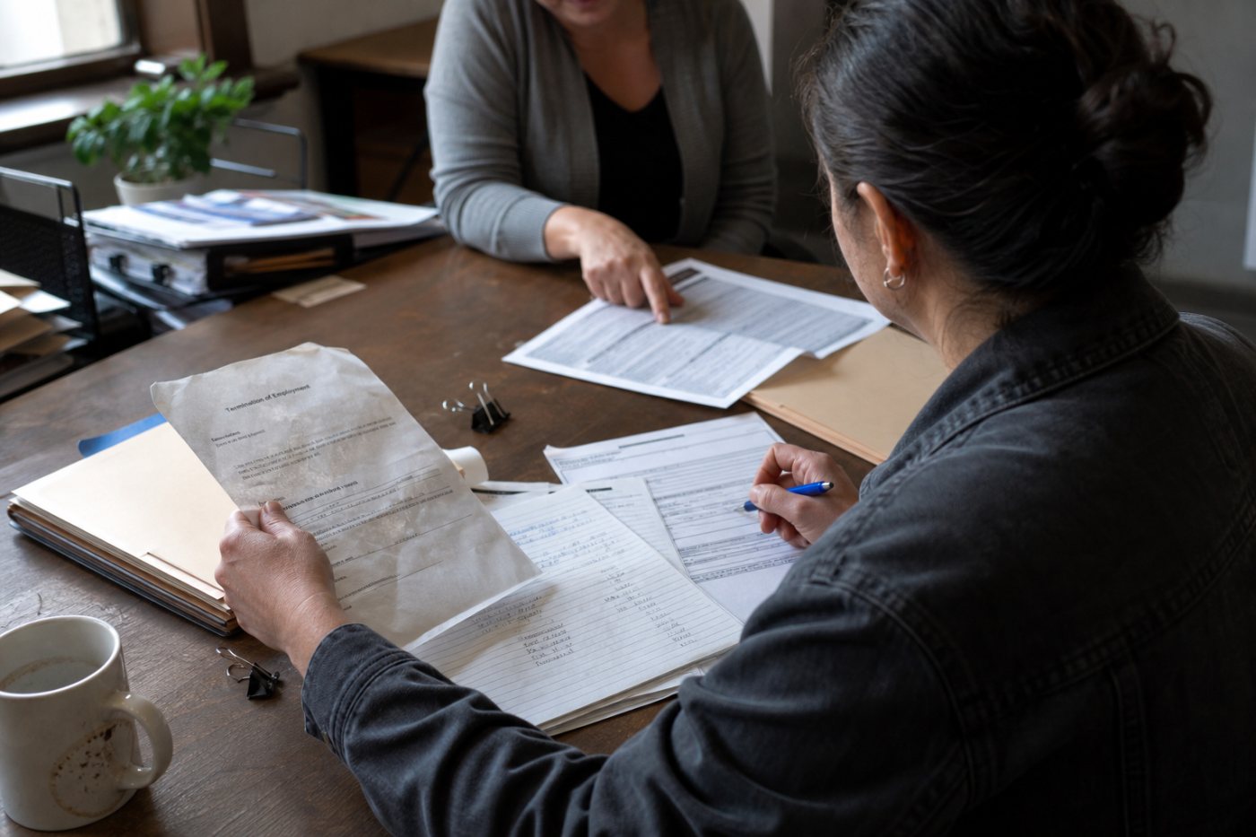 A former employee prepares payroll evidence for a wage complaint after the final-pay deadline passes.