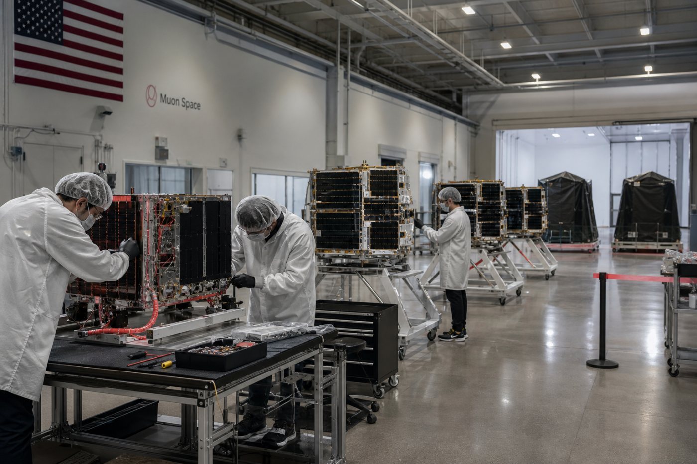 Satellites clients de Muon Space à différents stades entre assemblage, contrôle et préparation au lancement