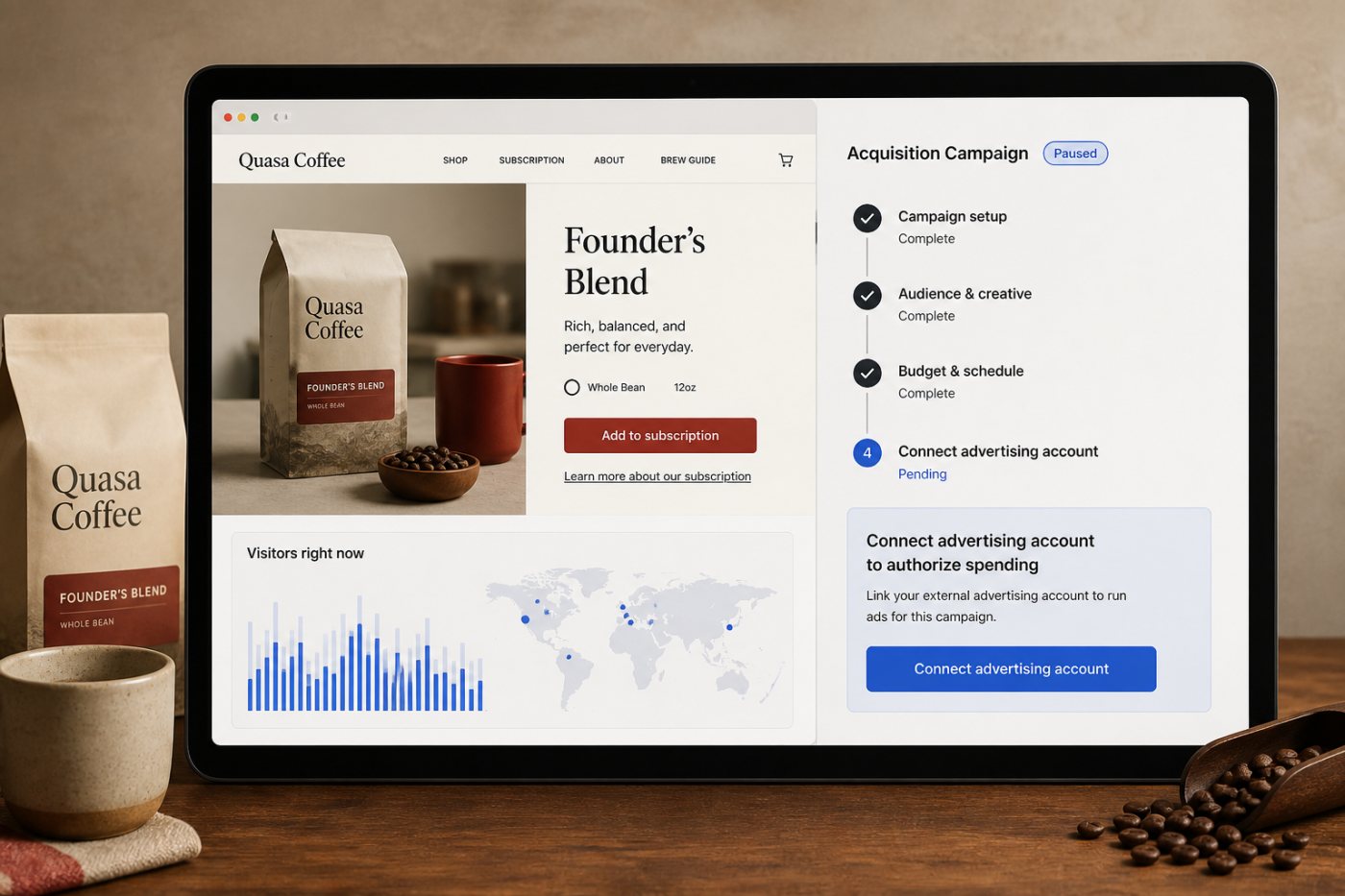 Runable coffee subscription site ও campaign প্রস্তুত করলেও external ad account-এর ধাপে প্রচার থেমে আছে