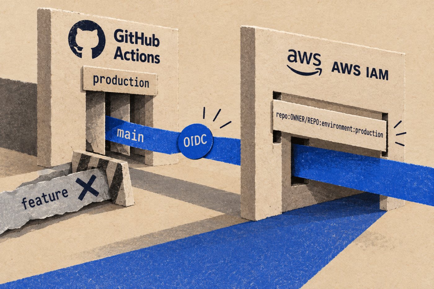 GitHub environment production จำกัด branch ที่ deploy ได้ ขณะที่ AWS IAM ตรวจค่า subject ของ environment