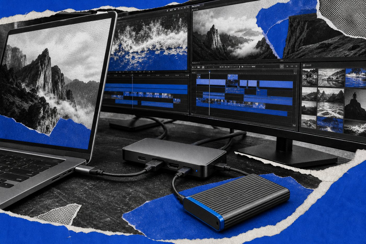 Creator workflow combining NVMe project storage and multiple displays through one dock