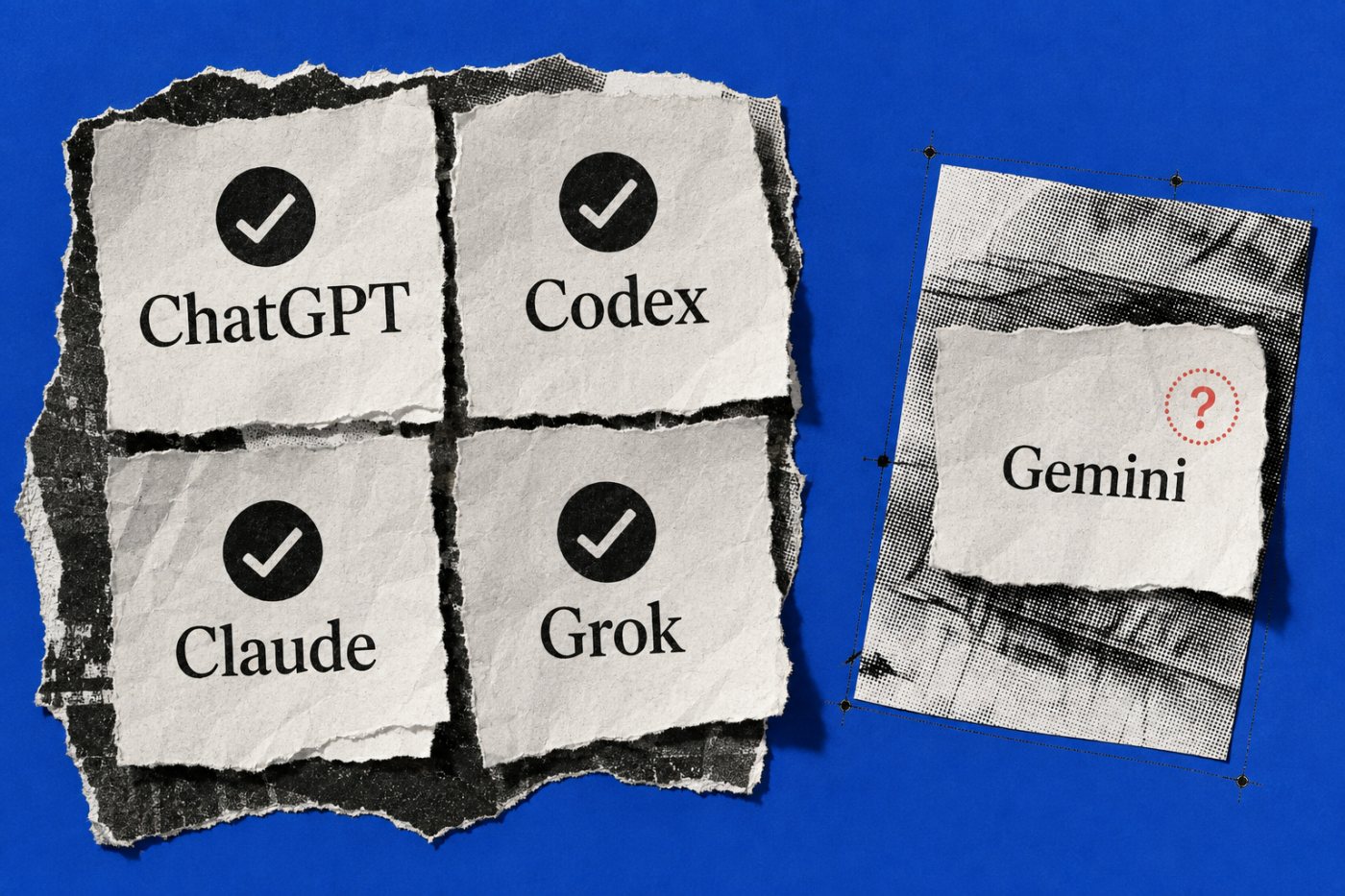 Confirmed disruptions for ChatGPT, Codex, Claude and Grok shown separately from unconfirmed Gemini outage reports.