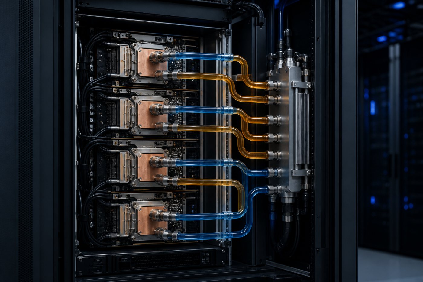 AI server rack থেকে গরম coolant heat exchanger-এ গিয়ে ঠান্ডা হয়ে একই বন্ধ লুপে ফিরে আসছে