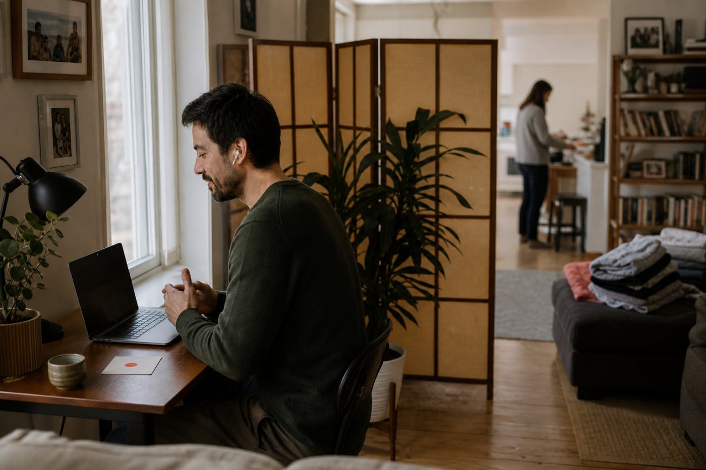 A remote meeting protects household privacy through voluntary participation controls and limited recording.