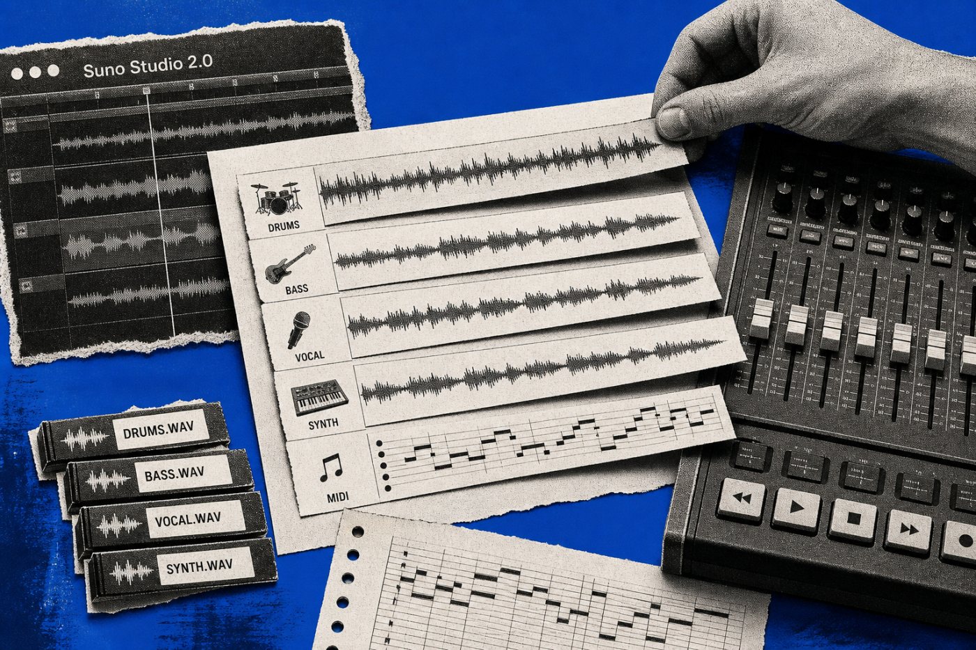 A Suno Studio 2.0 project moves into another DAW as separate stems and MIDI.