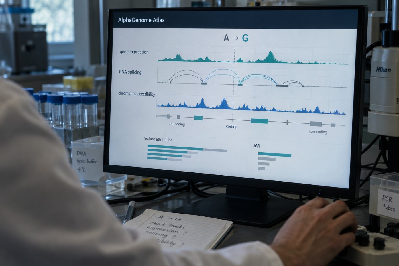 An AlphaGenome Atlas entry connects one DNA-letter change with predicted molecular effects and an AVI prioritization score.
