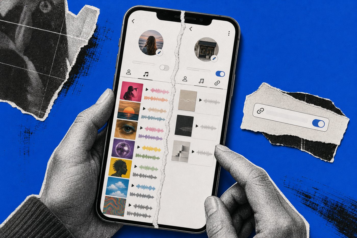 Сравнение музыкального каталога личного и бизнес-аккаунта TikTok при выборе ссылки