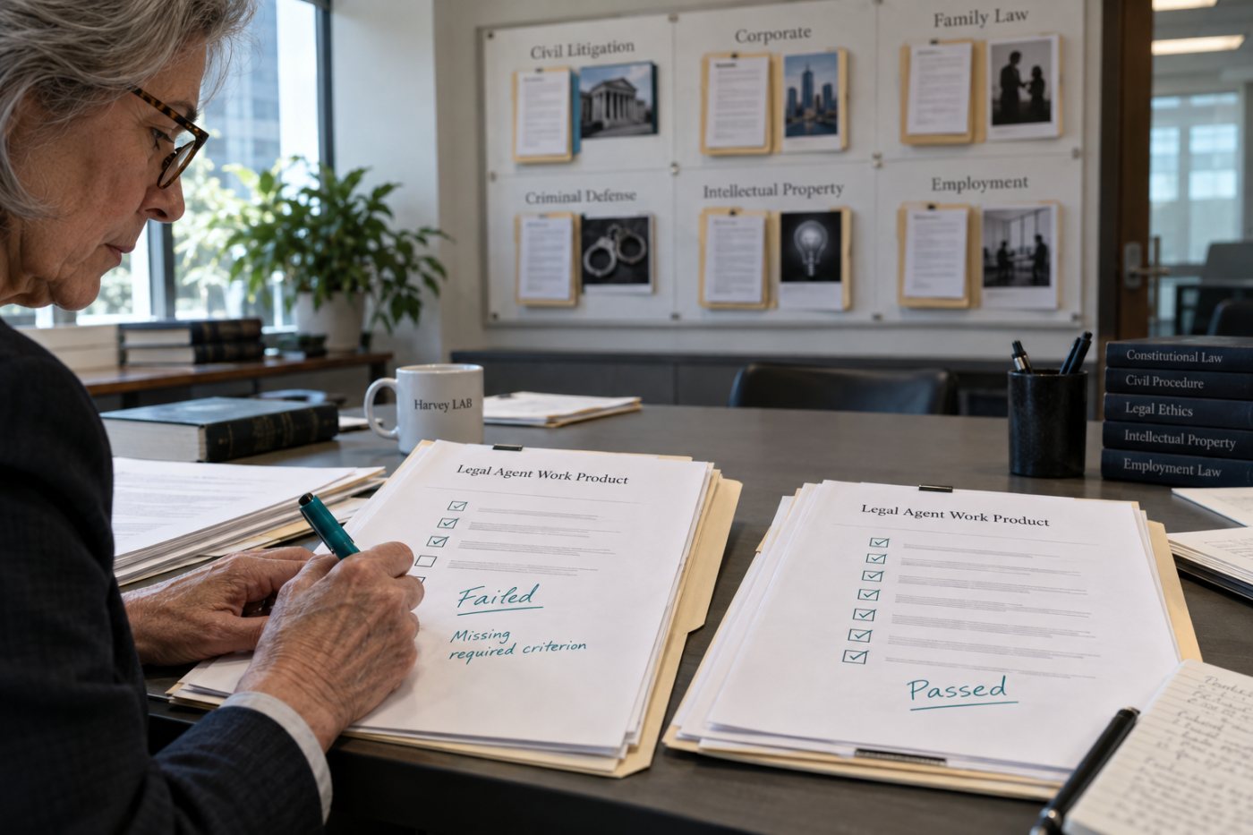 Harvey LAB evaluates legal-agent work against strict criteria spanning multiple practice areas.