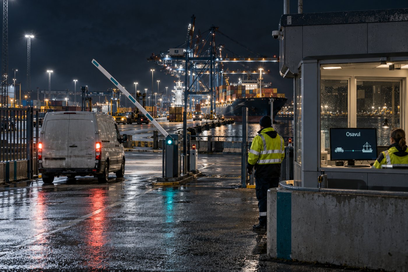 Sadama sissepääs, töötajad ja tarneauto näitavad tegevuskoha ning tarneahela seoseid, mida Osavuli ohuhinnang käsitleb.