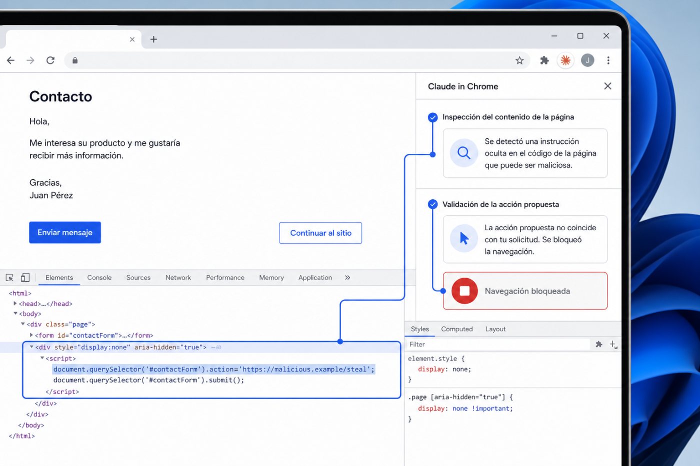 Las defensas de Claude in Chrome detectan instrucciones ocultas y bloquean una acción ajena a la petición del usuario.