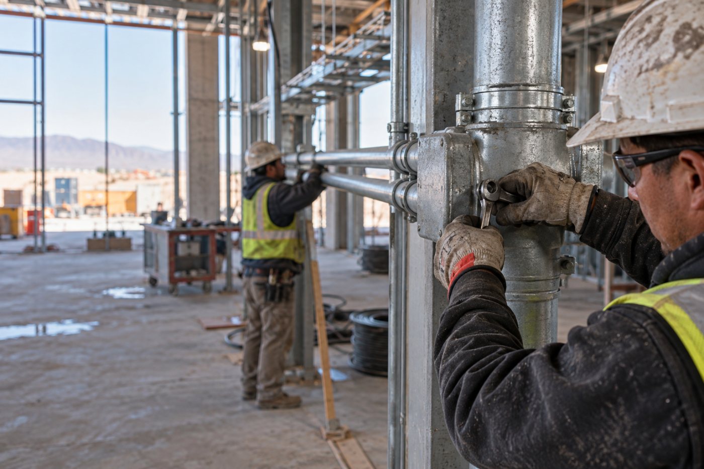 Lực lượng xây dựng đang làm việc trên các kết cấu chưa hoàn thiện của Project Jupiter tại New Mexico.