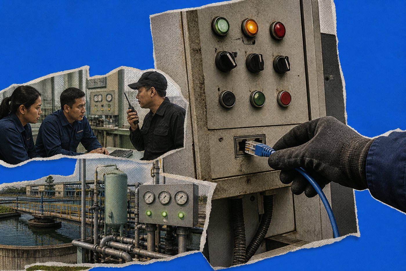 Operator pengolahan air dan tim keamanan membatasi akses ke sistem lama sambil menjaga proses layanan tetap berjalan.