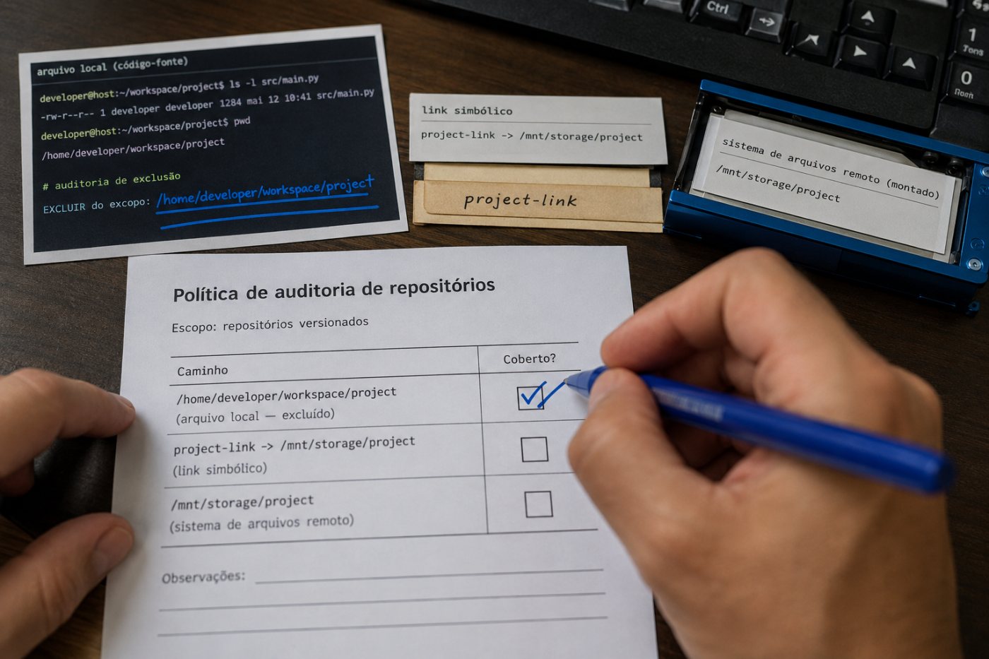 Auditoria compara arquivo comum, link simbólico e caminho remoto nos limites da exclusão do GitHub Copilot CLI.