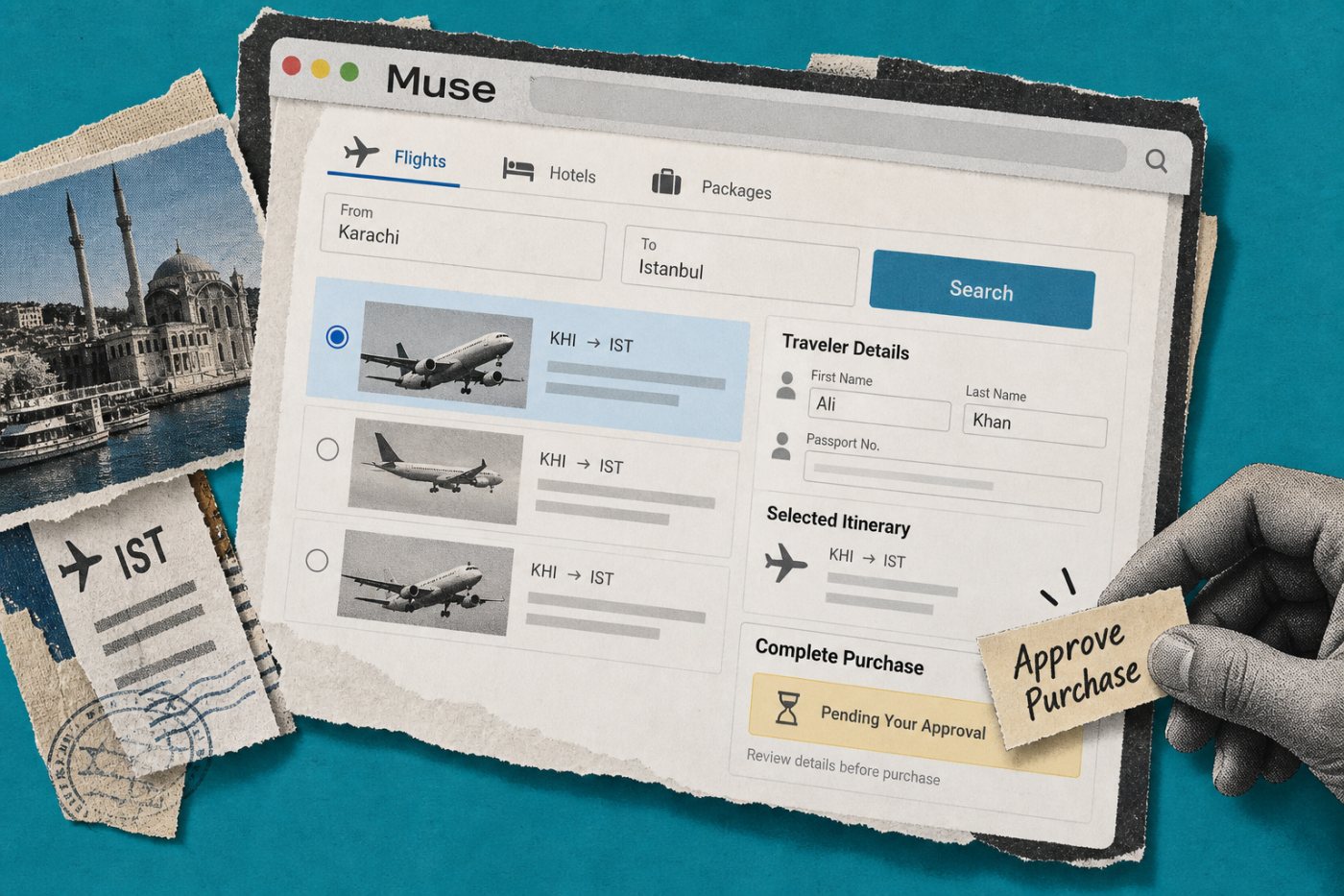 Muse سفر کی booking کے مراحل مکمل کرکے آخری خریداری سے پہلے منظوری مانگتا ہوا