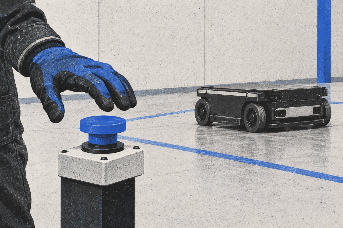 Un robot mobile arrêté près d’une commande d’arrêt physique illustre le contrôle humain exigé pour certaines actions autonomes liées à Claude.