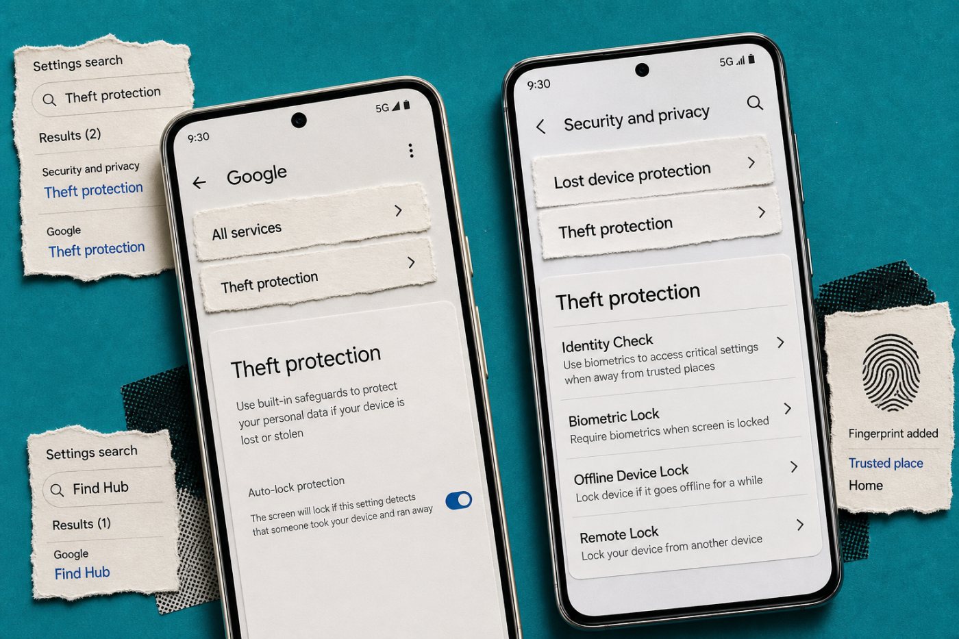 Pixel and Samsung menu paths leading to Android theft protection and Identity Check controls.