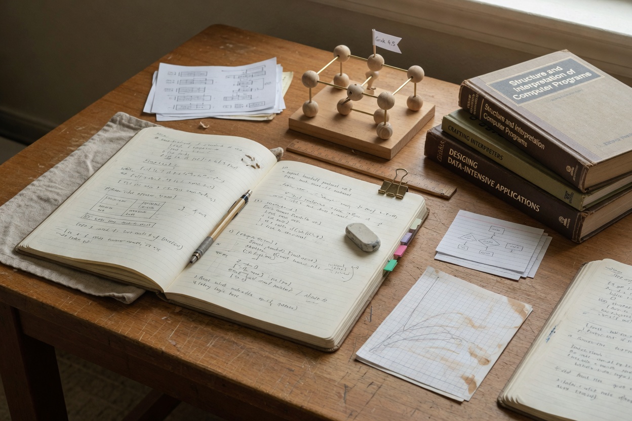 Engineering notebooks with handwritten notes on coding and engineering problems