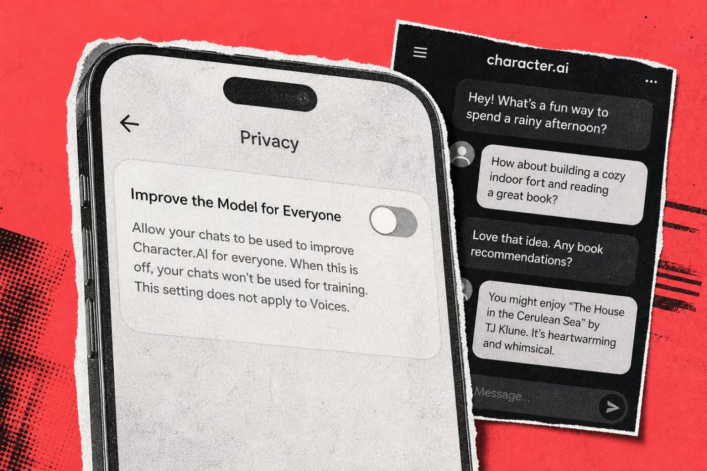 Character.AI’s model-improvement control is off while the user account remains active.