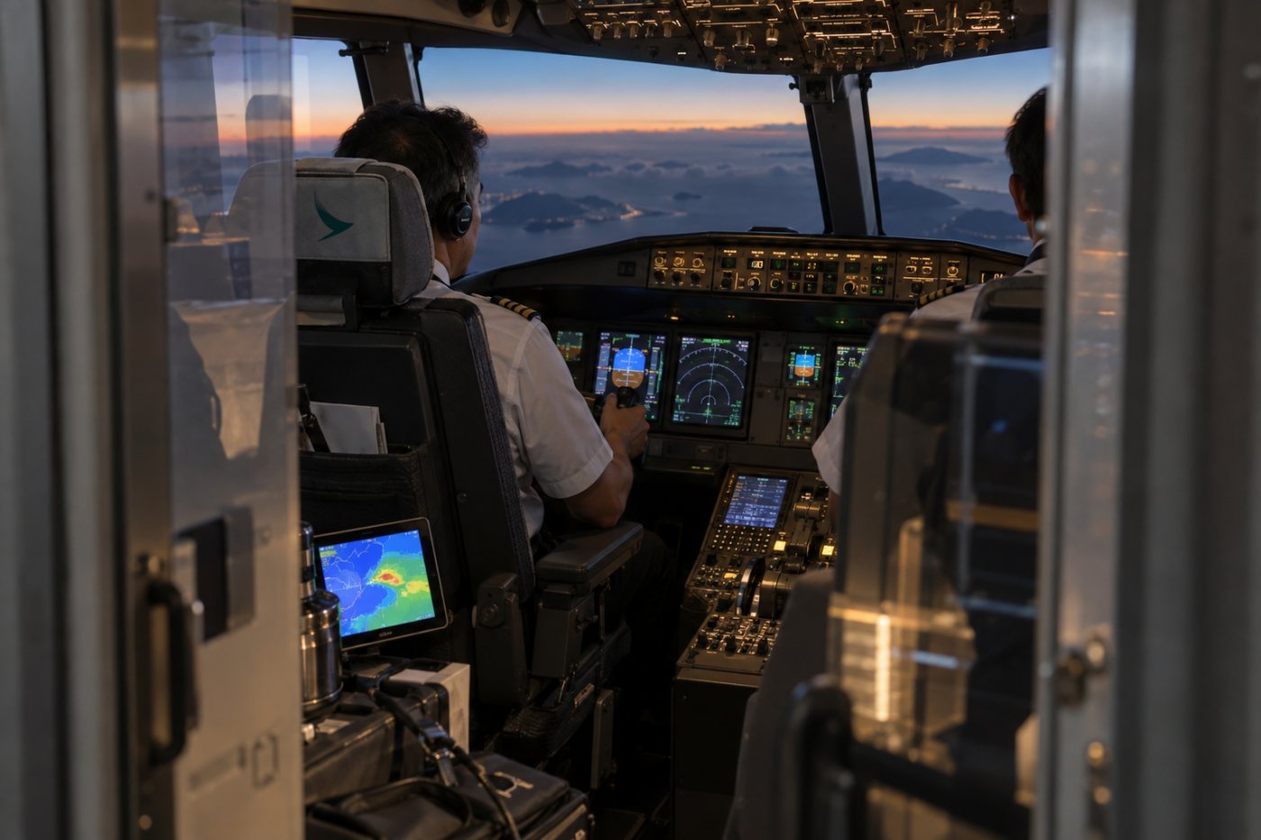 Экипаж Cathay Pacific получает атмосферный прогноз для безопасной поправки высоты на сверхдальнем рейсе.