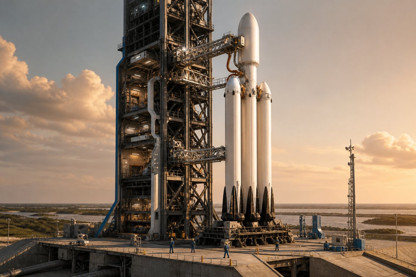 Falcon Heavy wird am Startkomplex 39A für den Flug des Nancy Grace Roman Space Telescope vorbereitet.