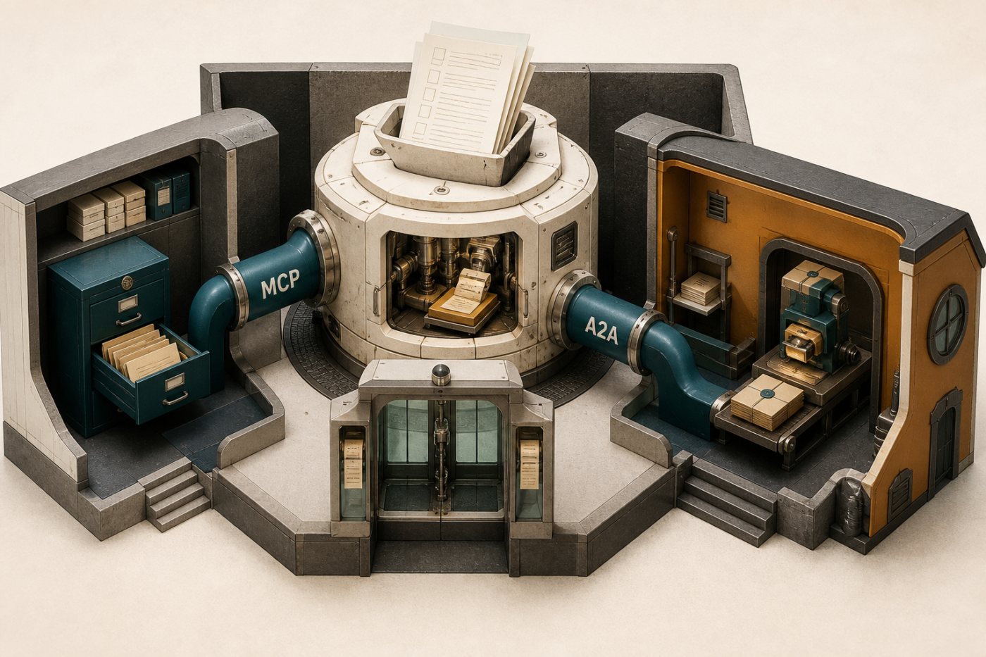 An agentic stack separates instructions, runtime, MCP tool access, traffic control and A2A task delegation.