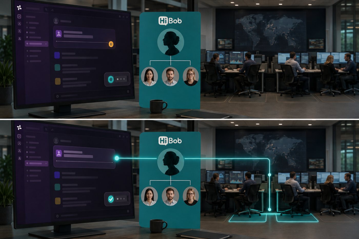 Un agent dans Slack utilise le contexte autorisé de HiBob pour orienter une demande vers la bonne équipe.