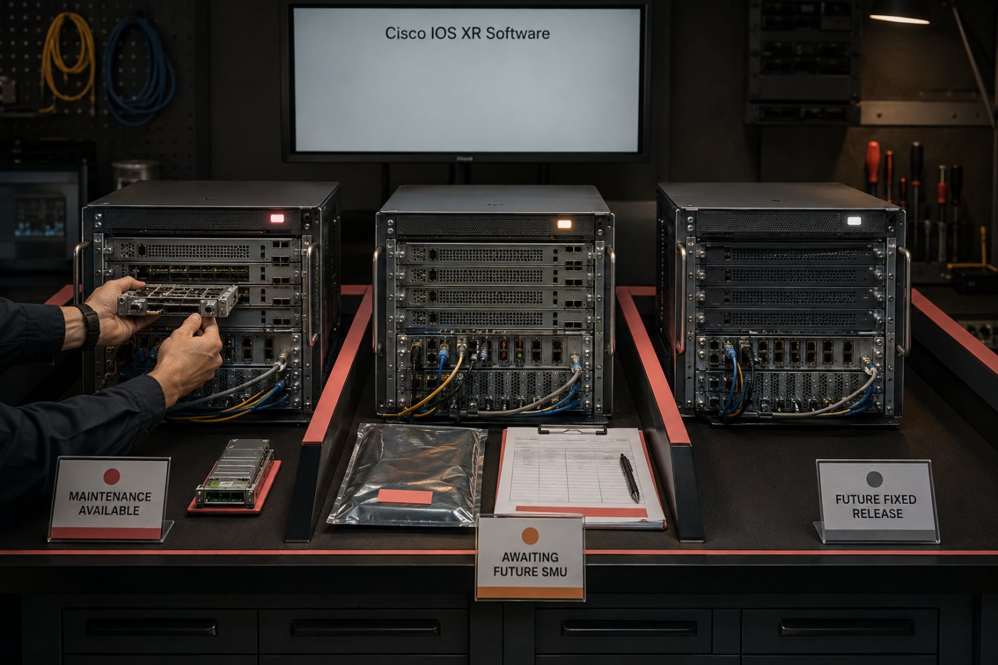 Cisco IOS XRの各リリース系統をSMU提供済み、提供予定、将来の修正版に分類した更新判断
