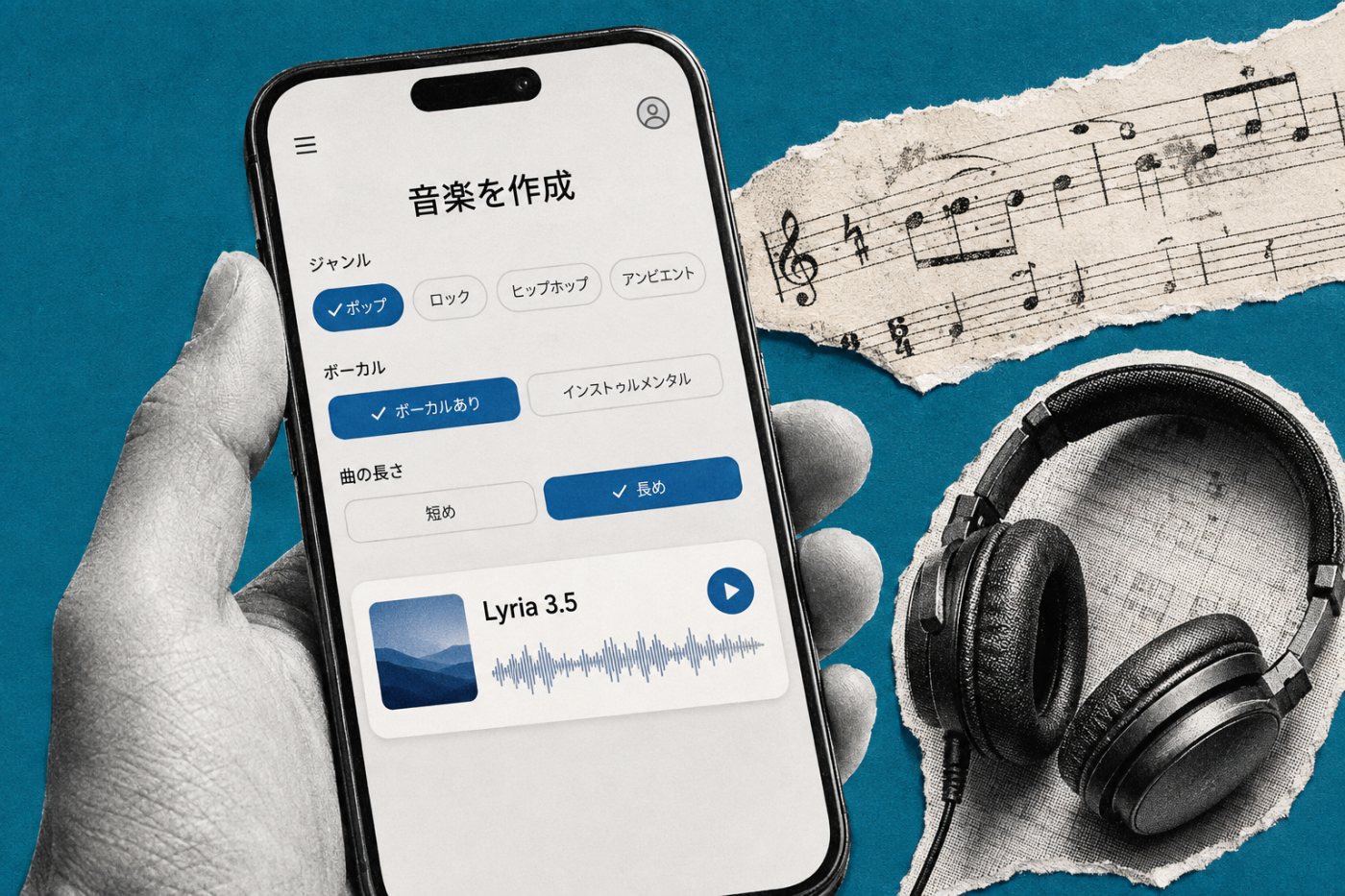 Geminiアプリでジャンル、歌唱形式、曲の長さを指定し、Lyria 3.5の楽曲を生成する流れ