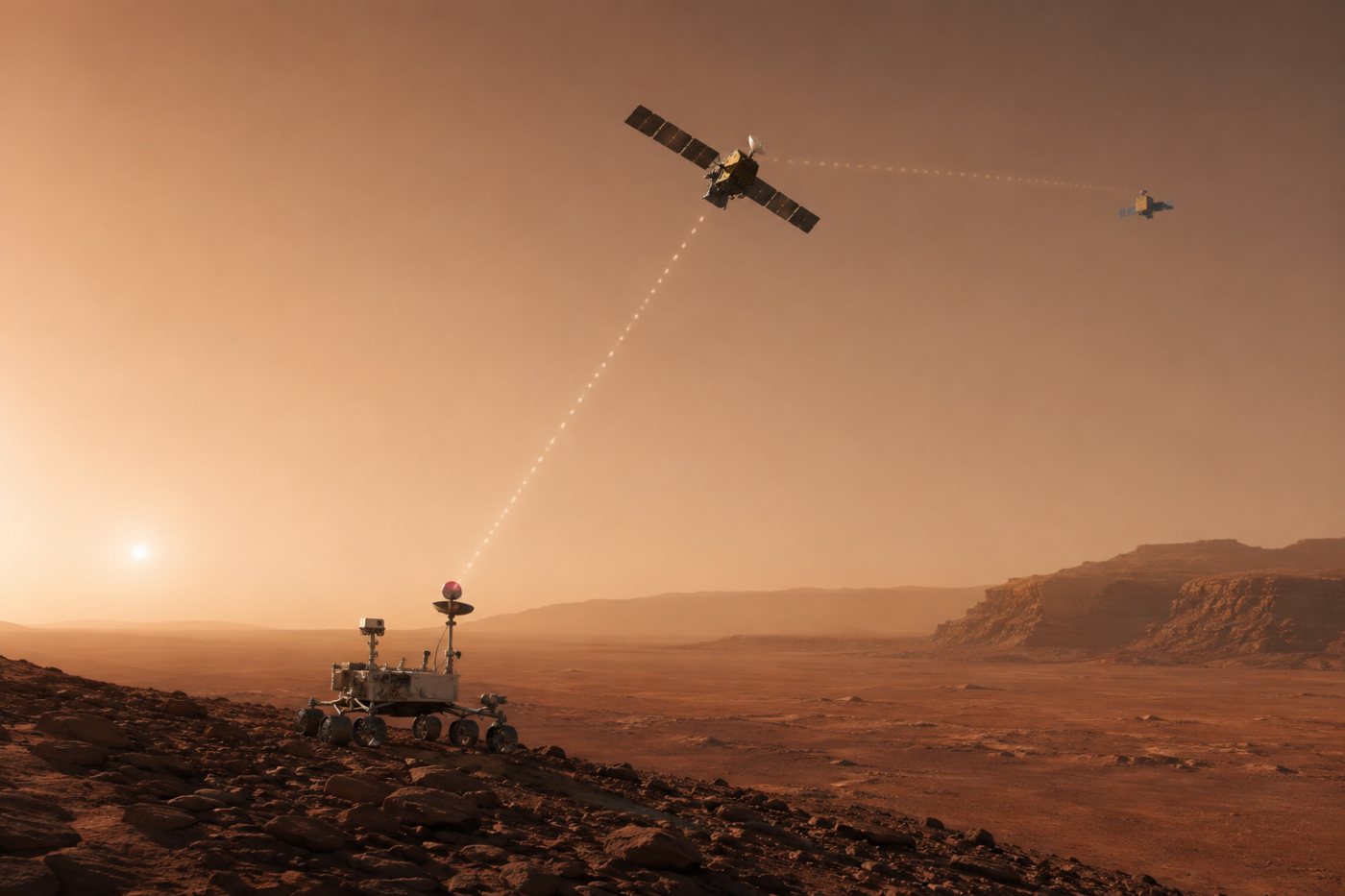 Un rover martien transmet ses données à un relais dédié tandis qu’un autre orbiteur poursuit sa mission scientifique.