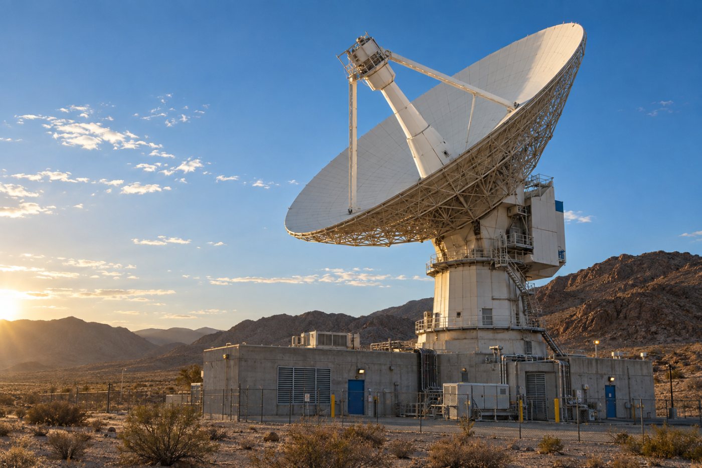 Goldstone-এ সক্রিয় tracking pass-এর সময় ৩৪ মিটার Deep Space Station 23 ও তার ground equipment