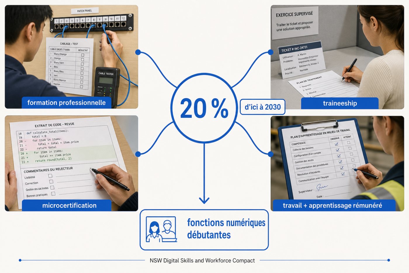 Des candidats formés par la voie professionnelle, la microcertification ou l’apprentissage rémunéré démontrent leurs compétences numériques.