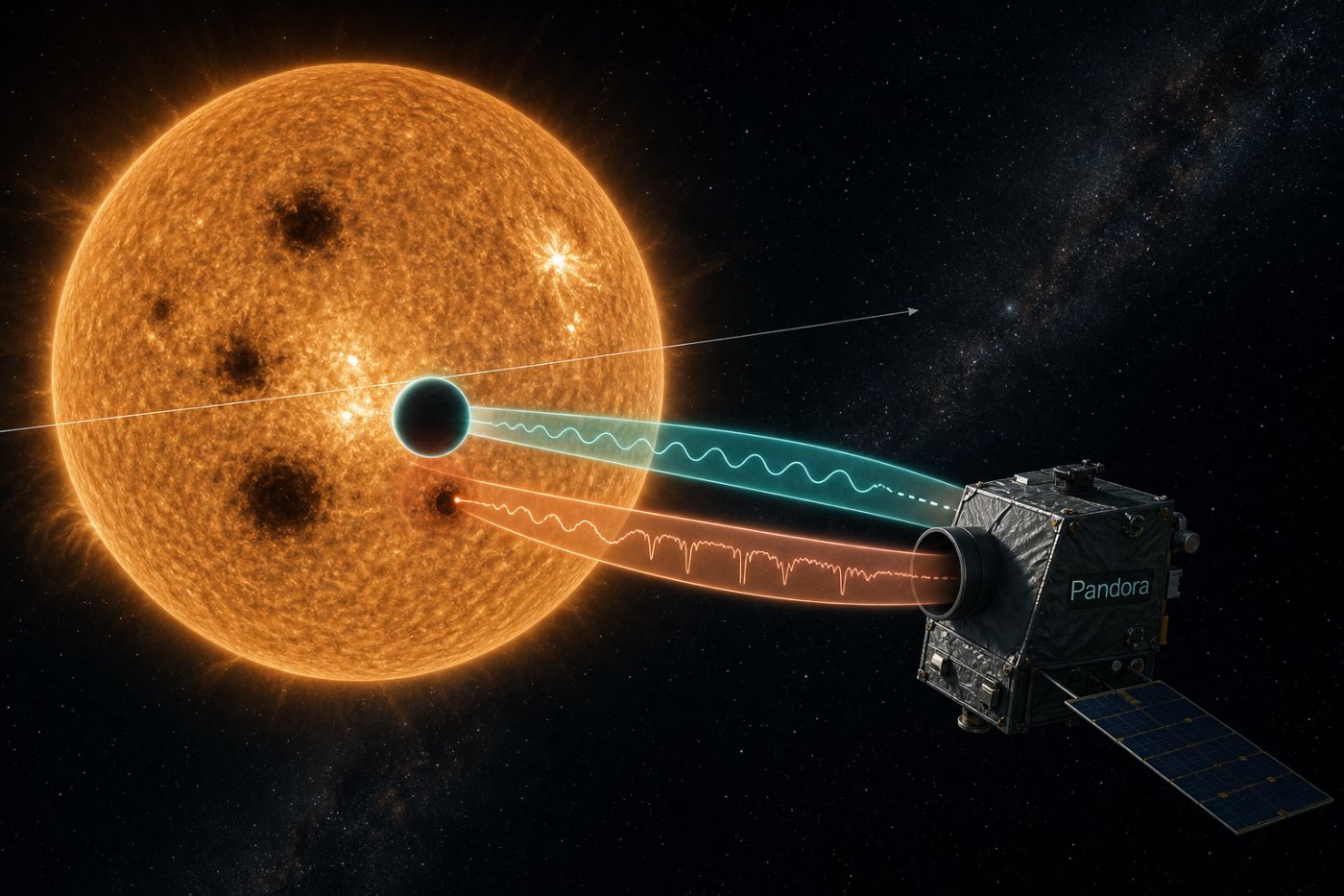 Une exoplanète en transit masque une étoile couverte de taches et de facules, mêlant les signatures stellaire et atmosphérique.