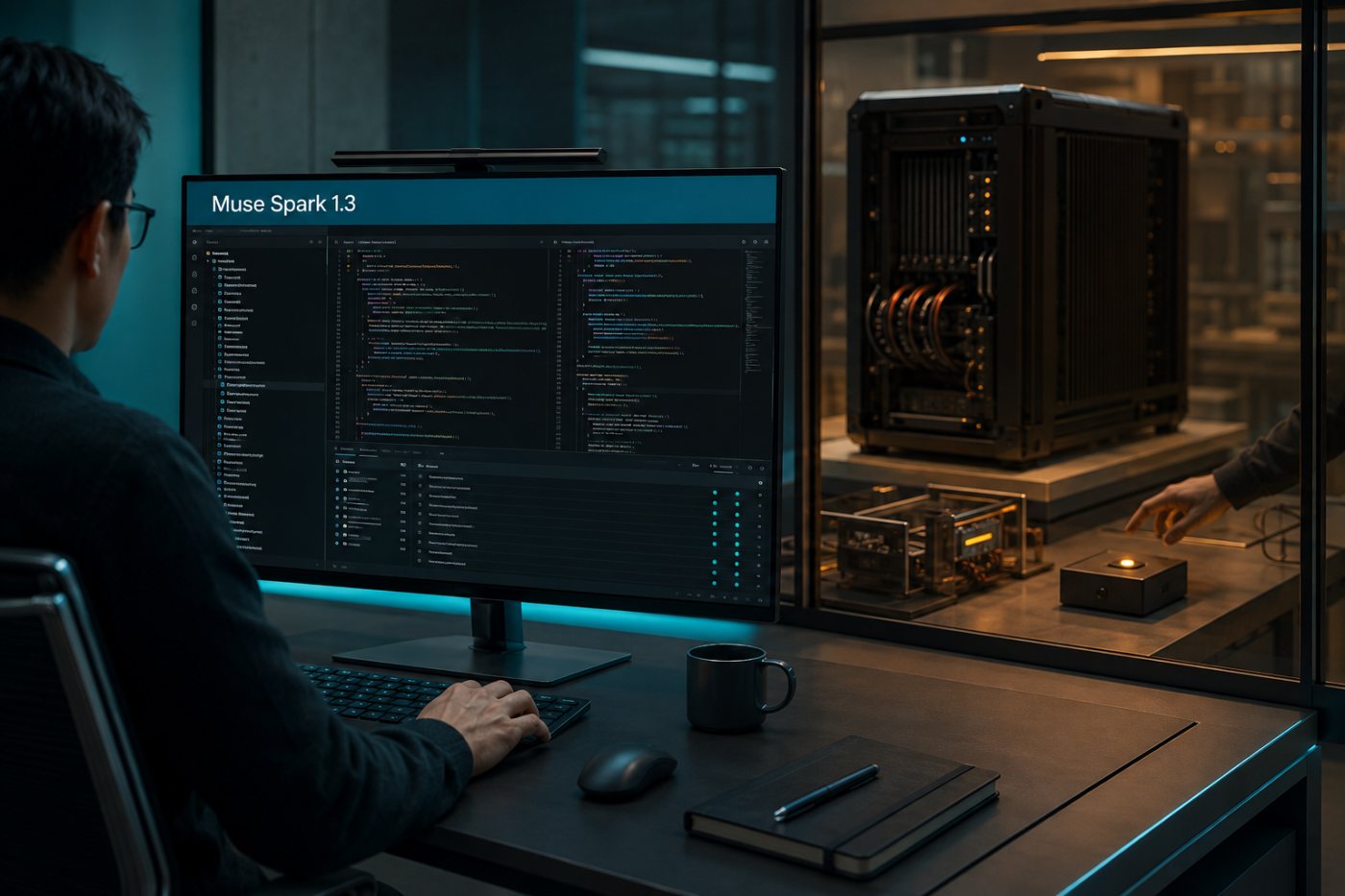 Muse Spark 1.3がMuse Codeで複数ファイルの長期タスクを処理し、提供済みの推論設定で成果物を完成させる様子
