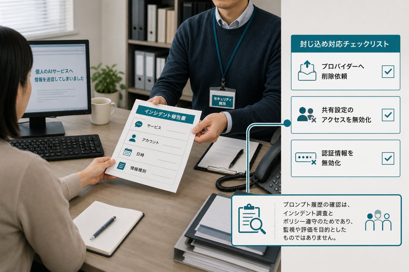 私用AIへの誤入力を所定の窓口へ報告し、管理者が初動対応を始める流れ