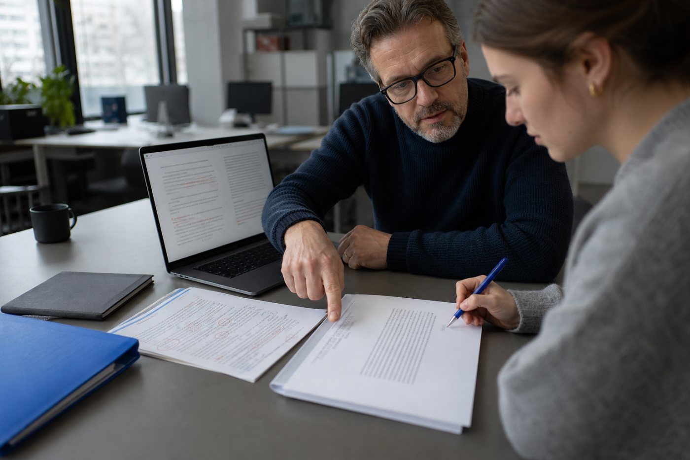 Berufseinsteiger prüft eine KI-gestützte Arbeitsaufgabe gemeinsam mit einer erfahrenen Fachkraft und verbessert das Ergebnis