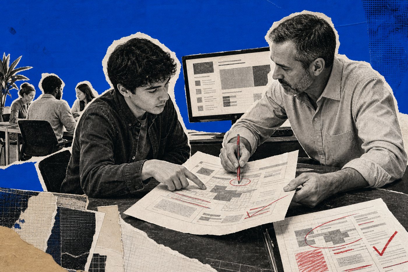Jovem revisa com um supervisor uma resposta de IA e aprende a resolver uma situação ambígua.