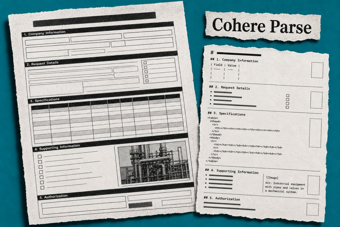 Cohere Parse द्वारा व्यावसायिक दस्तावेज़ से पाठ, तालिका, सूची और कुंजी-मूल्य सामग्री निकालने का परिणाम
