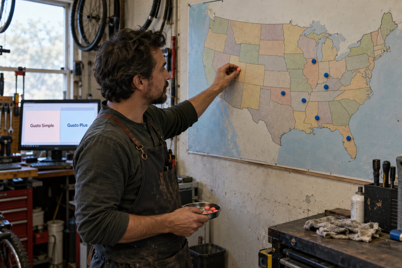 Gusto Simple covers a one-state payroll scenario, while Gusto Plus is the listed tier for multi-state payroll.