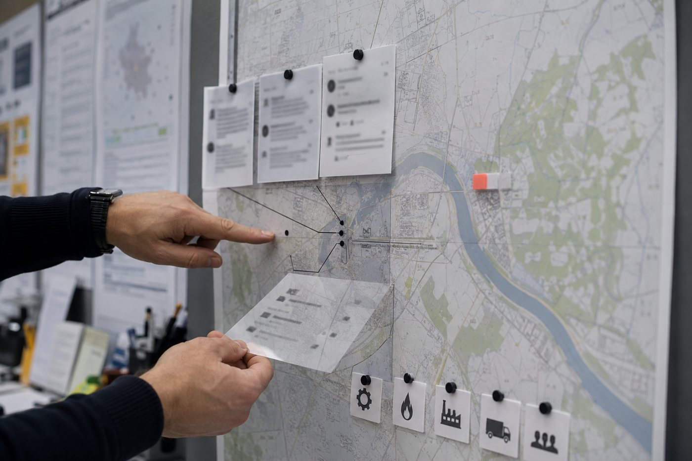 Digitale Hinweise aus mehreren öffentlichen Online-Quellen werden konkreten Standorten und Betriebsrisiken zugeordnet.