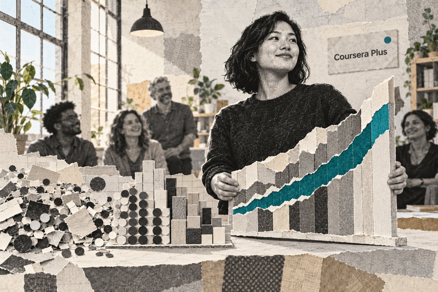 Lộ trình Coursera Plus nối các phần học và dự án thực hành để người đổi nghề có kết quả cụ thể trình bày.