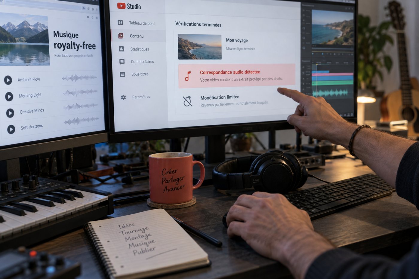 Un morceau présenté comme libre de droits est détecté lors du contrôle d’une vidéo YouTube monétisée, avec un effet visible sur les revenus.