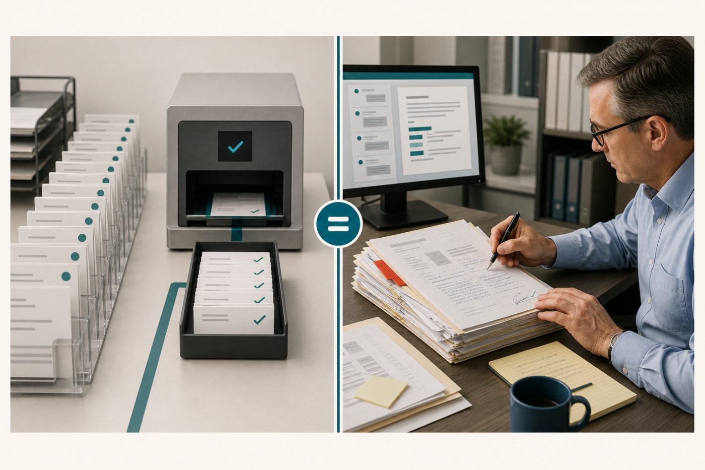 Automation completes standardized customer-service tasks while augmentation supports an experienced worker handling a complex exception.