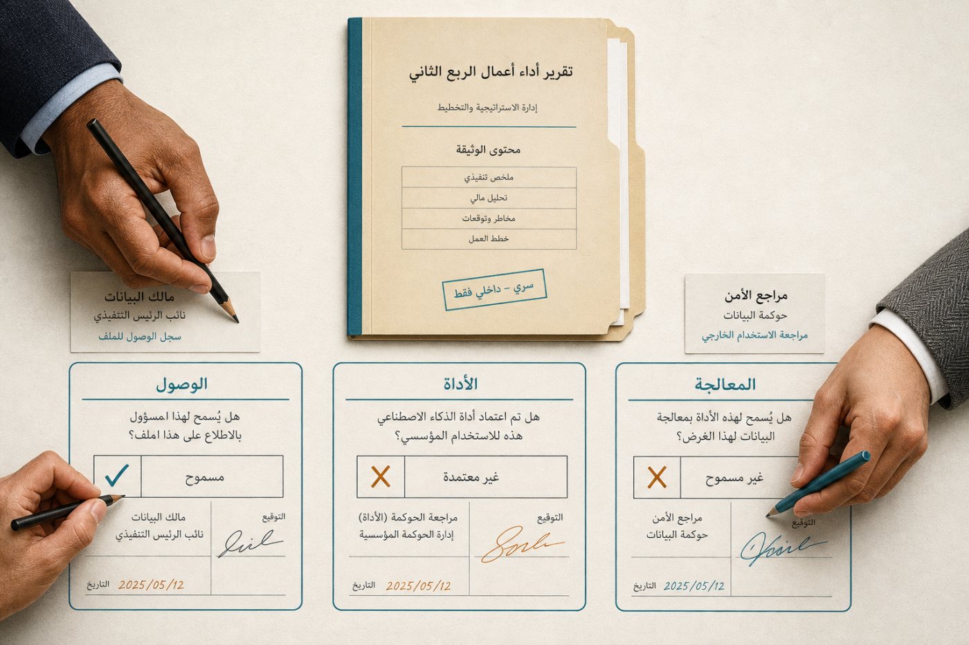 فصل صلاحية المدير في قراءة وثيقة العمل عن الإذن بمشاركتها مع أداة ذكاء اصطناعي.