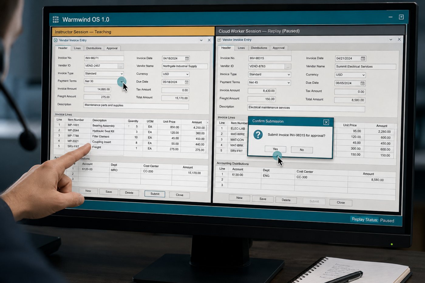 A Warmwind workflow is demonstrated through clicks and spoken instructions before the cloud worker repeats it with new data.