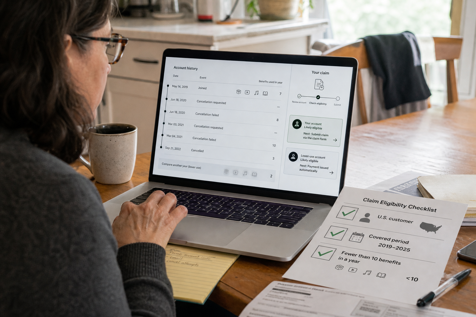 Amazon Prime settlement eligibility checks for U.S. customers with covered dates, enrollment or cancellation criteria, and benefit-use limits
