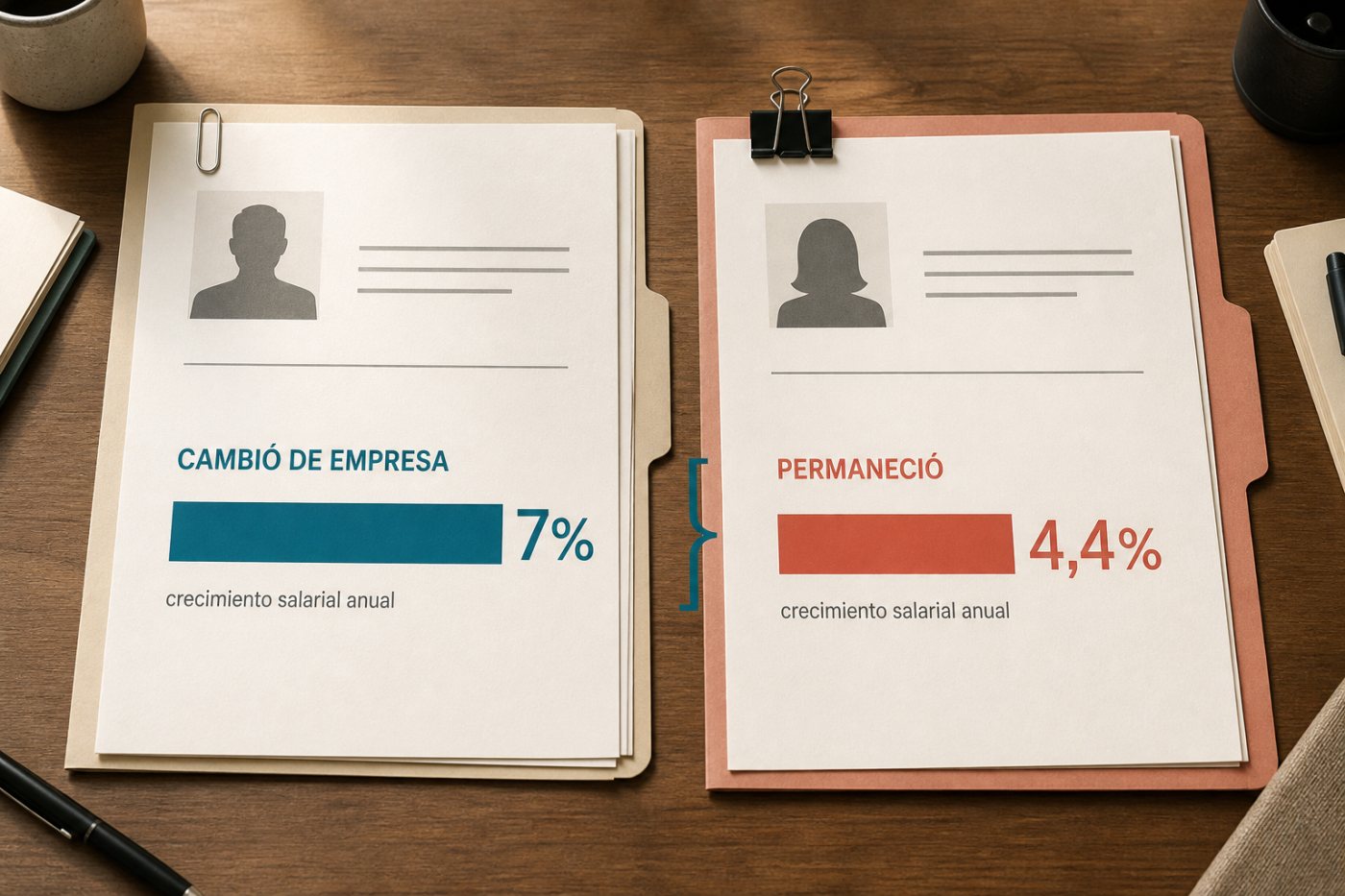 Comparación del crecimiento salarial anual del 7% al cambiar de empleador y del 4,4% al permanecer.