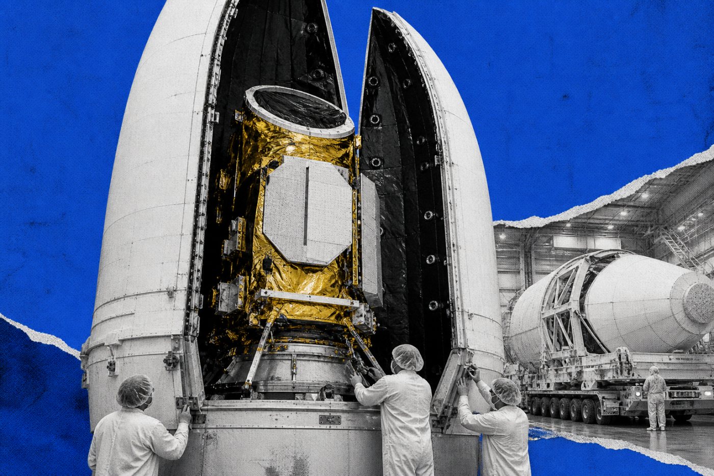 Roman is secured inside its Falcon Heavy fairing for protected transport and ascent.