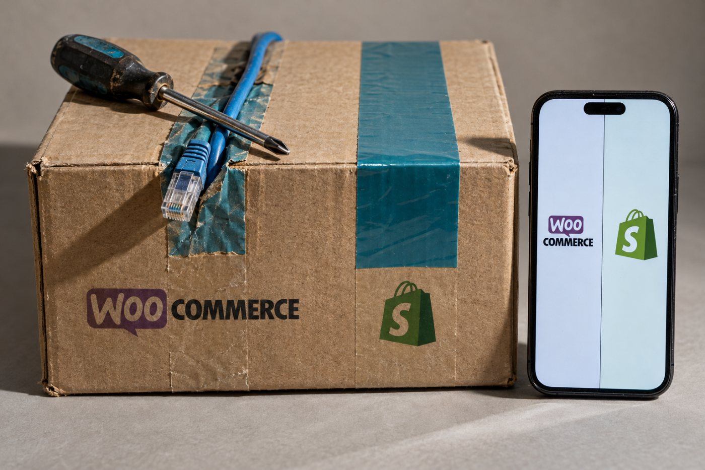 Две условни годишни пресметки за Shopify и WooCommerce ги вклучуваат претплатата, хостингот, додатоците и времето за одржување.