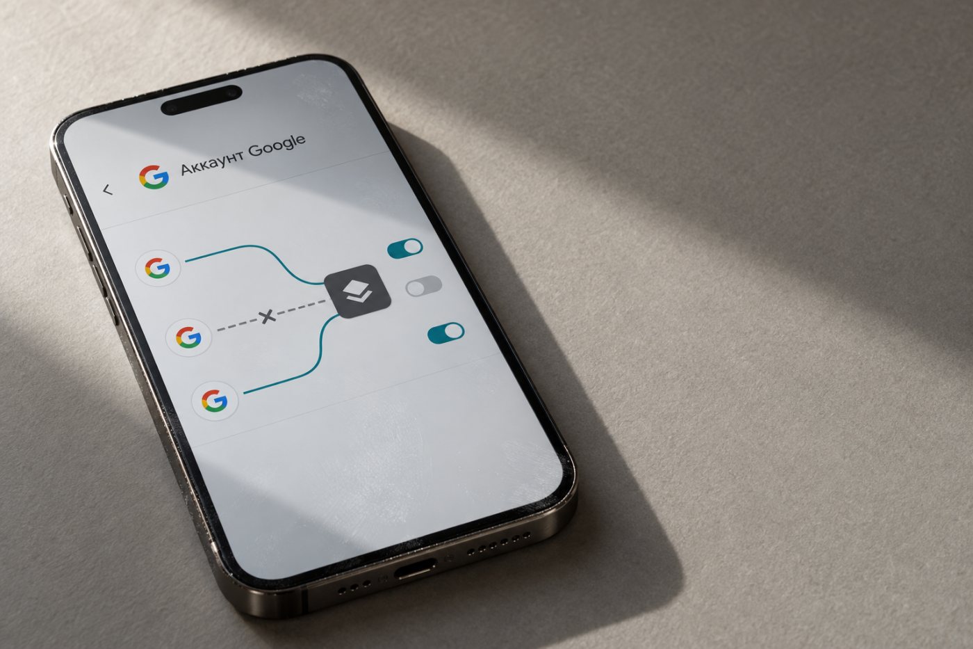 Вход через Google, доступ сервиса к данным и связанный аккаунт показаны как отдельные связи.