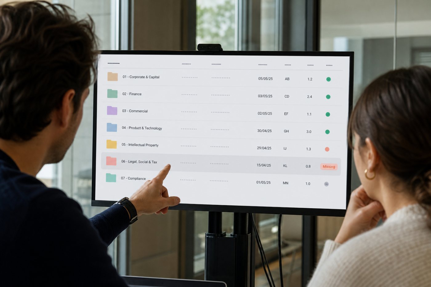 Arborescence de due diligence séparant les pièces financières, commerciales, juridiques, techniques et de conformité avec leur responsable et leur statut.